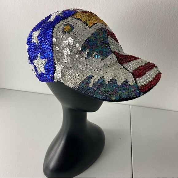 American Flag All Over Sequined Ball Cap Eagle Stripes Stars Patriotic USA OS - Picture 13 of 14